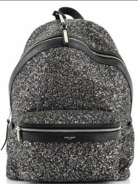 Saint Laurent Black and Silver Glitter Backpack with Logo